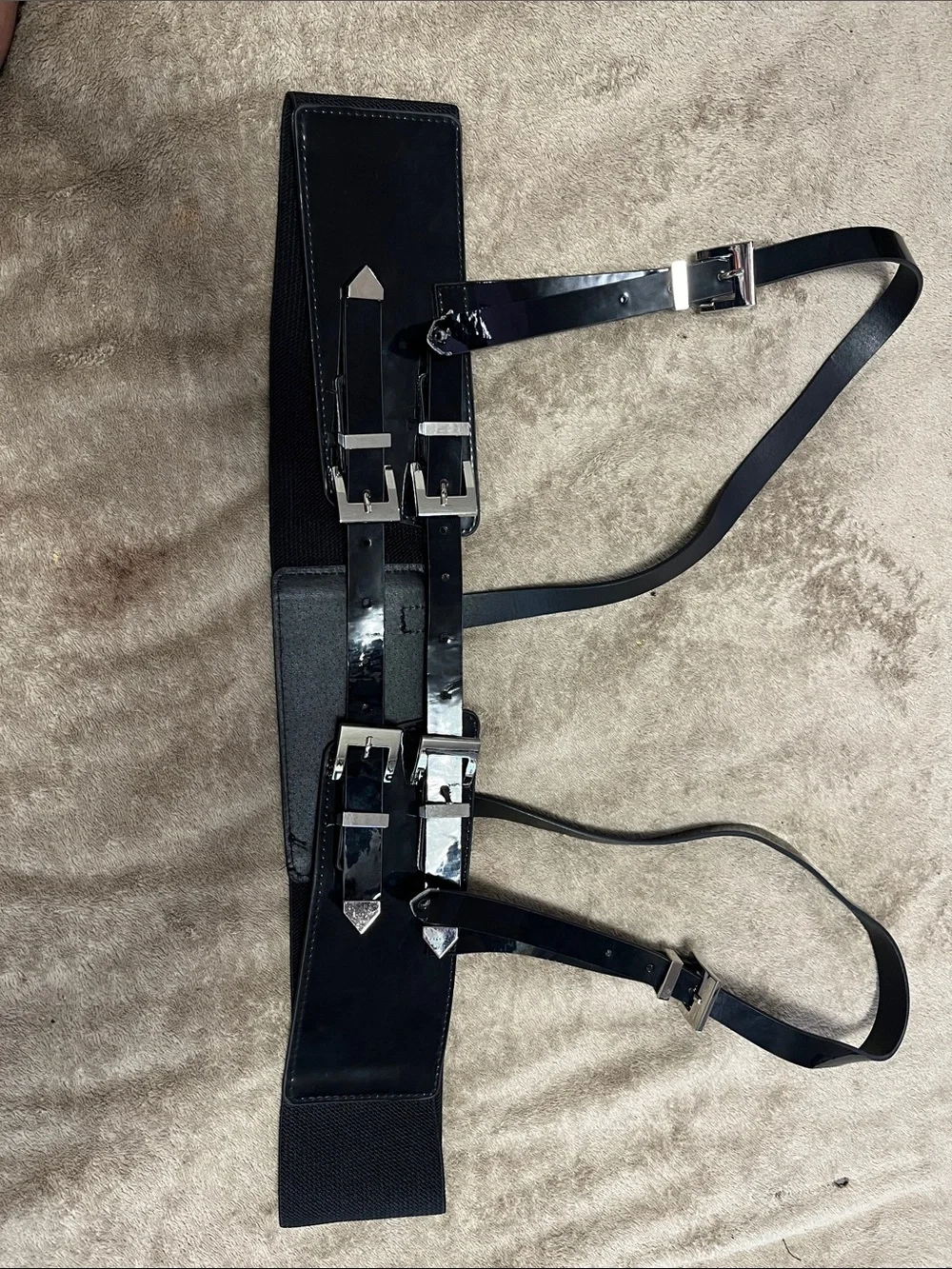 Black Leather Harness Belt with Silver Buckles - Women's Accessory